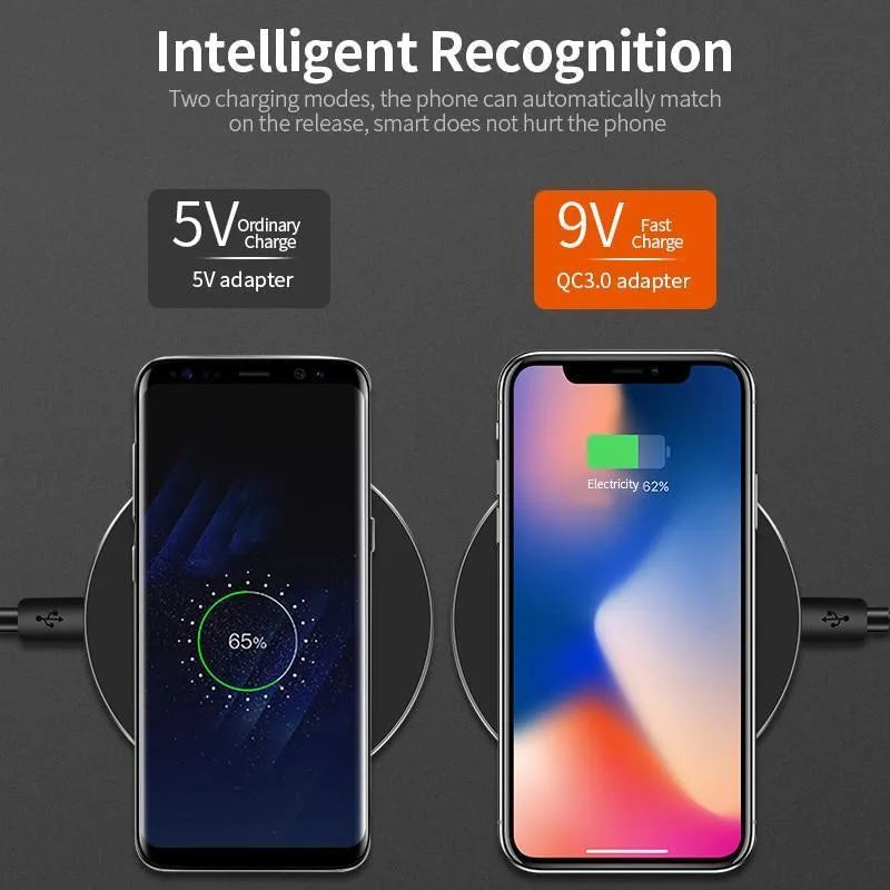Ultra-thin black QI wireless fast charger with dimensions 98x98x6.5mm showing charging surface and USB port