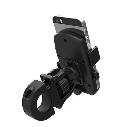 Black ABS plastic bicycle phone holder with securing rope mounted on bike handlebars