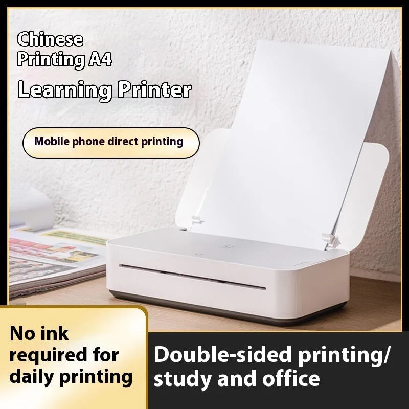 Small white plastic intelligent remote learning printer with thermal ribbon cartridge on a desk.