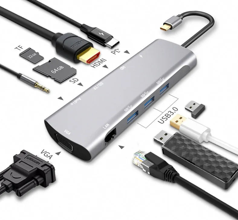 Grey aluminium USB-C docking station with HDMI, VGA, and USB 3.0 ports.