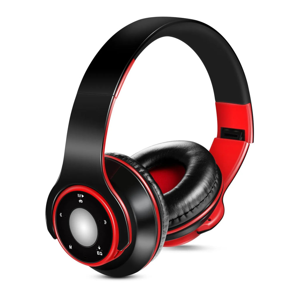 Foldable wireless Bluetooth headset in blue, red, or rose red with adjustable hinges.