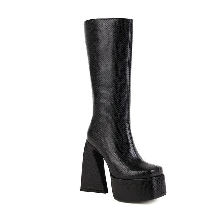 Women's artificial PU high boots in black, red, blue, or white colours showing casual styling