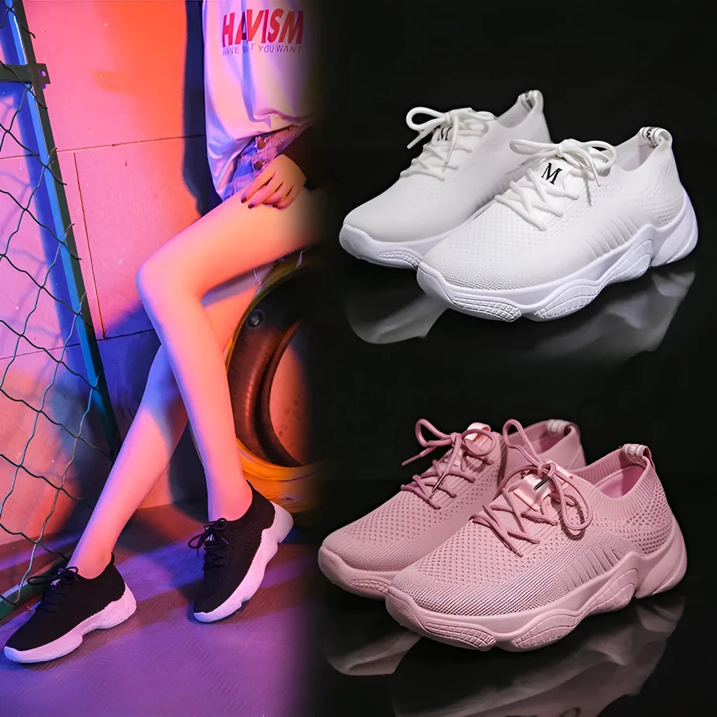 Women's white woven sports shoes with thick rubber soles and front strap design