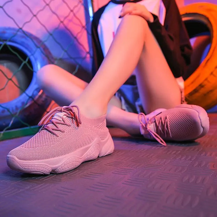 Women's white woven sports shoes with thick rubber soles and front strap design