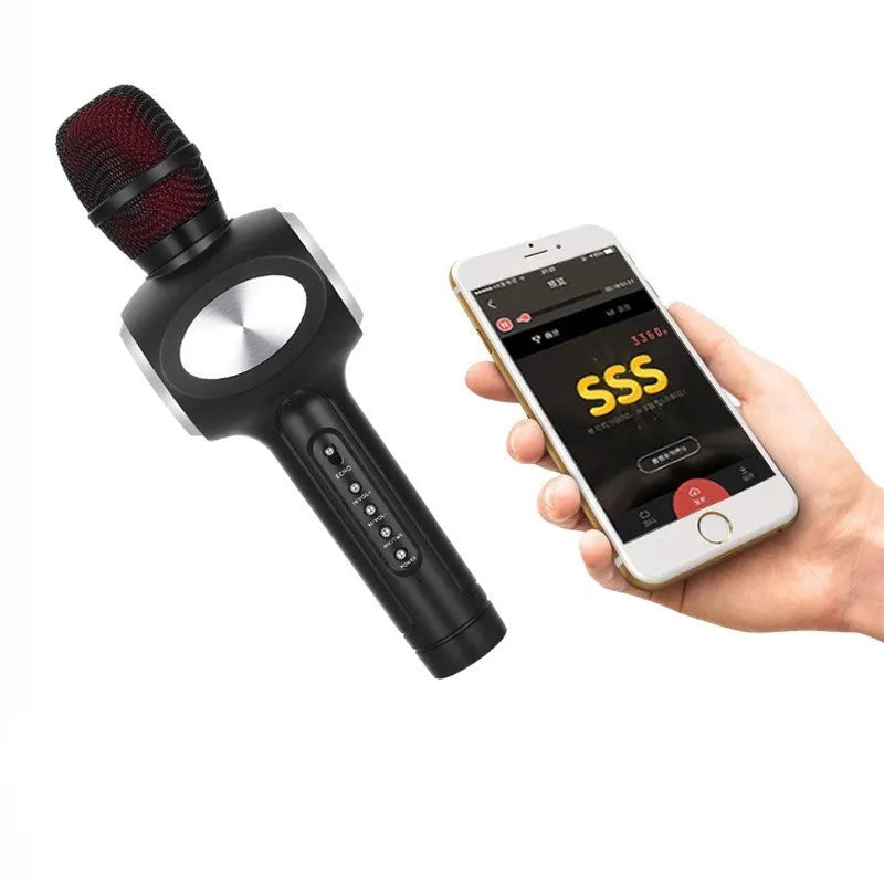 Yaerjia E108 wireless karaoke microphone with integrated speaker in black, gold, or pink colour.