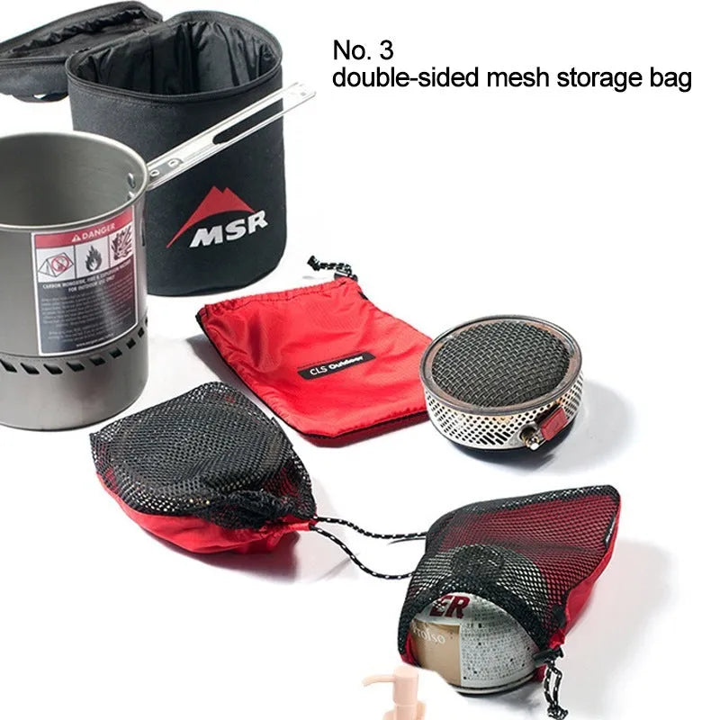 Red outdoor travel storage bag set with 5 pieces showing Oxford cloth and mesh construction