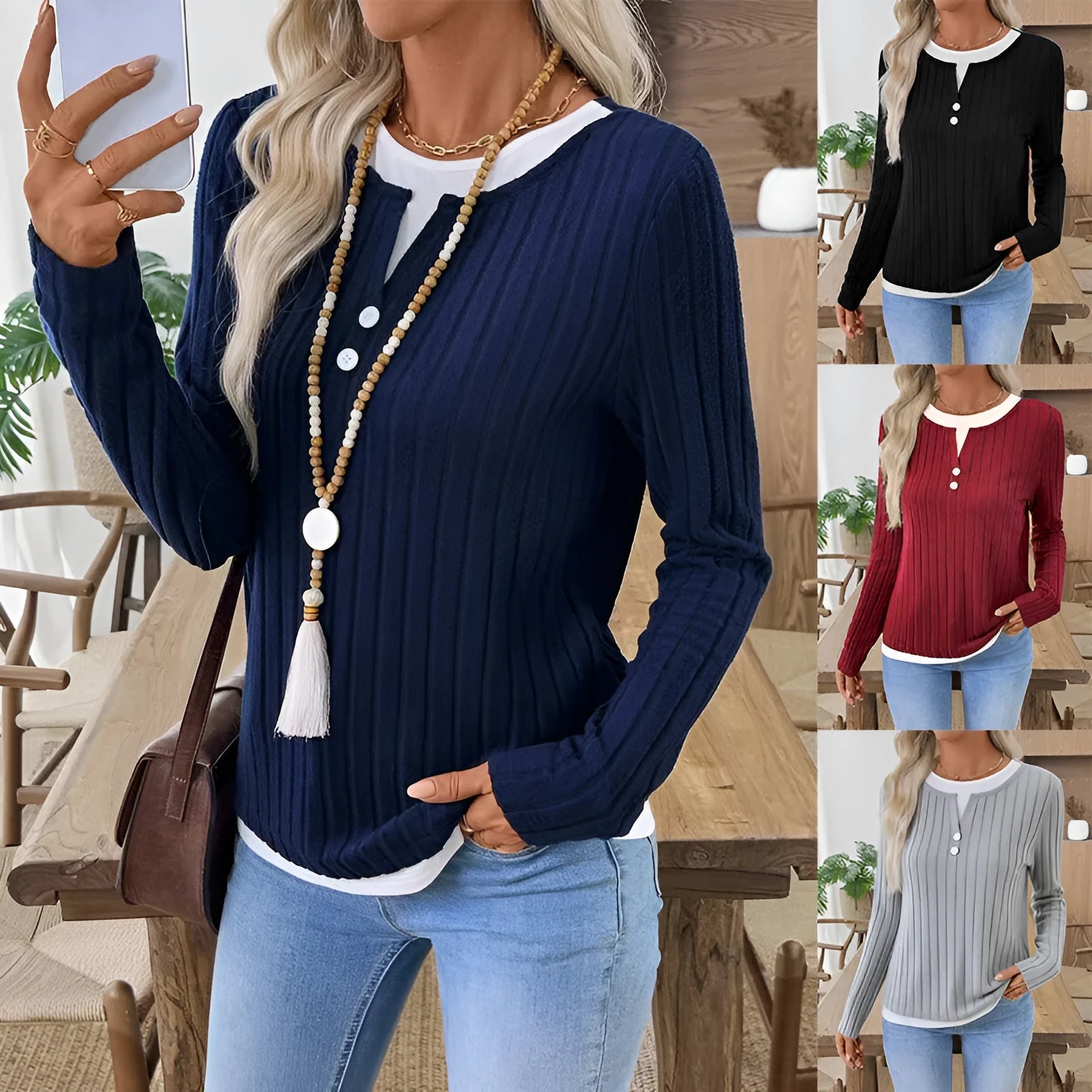 Women's fake two-piece round neck button pullover sweater with concave stripe fabric