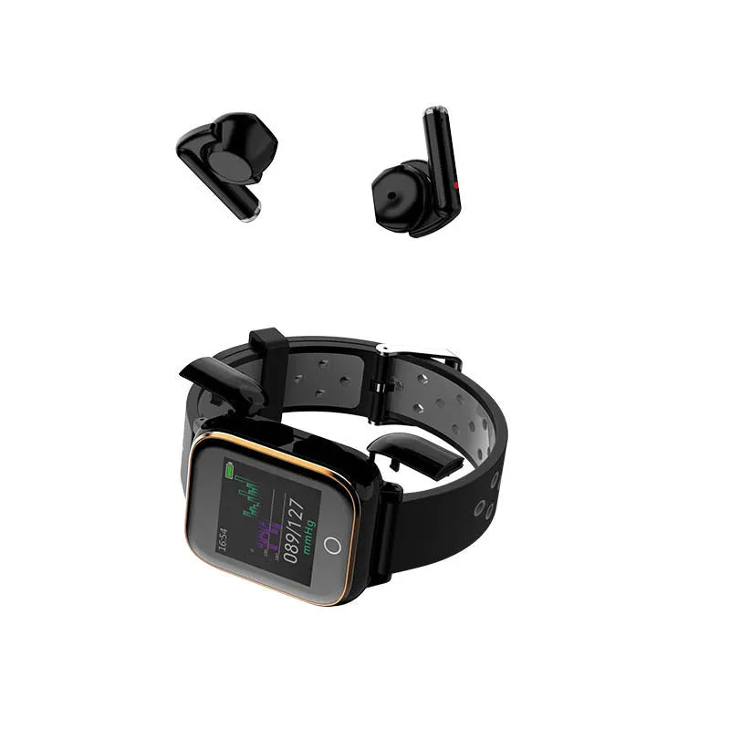 Black smartwatch with Bluetooth earbuds stored in the watch casing, showing the 1.4-inch screen.