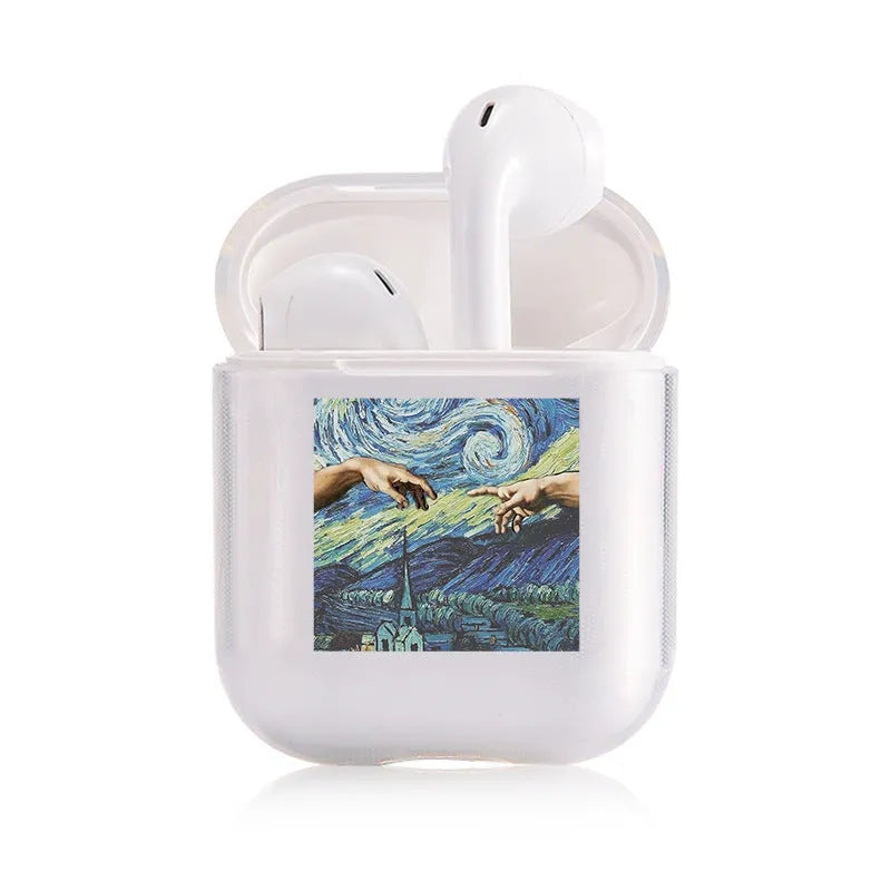 Transparent plastic AirPods protective case showing compatibility with Apple AirPods and AirPods Pro