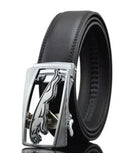 Men's automatic buckle leather belt in cowhide with leopard pattern and gold buckle.