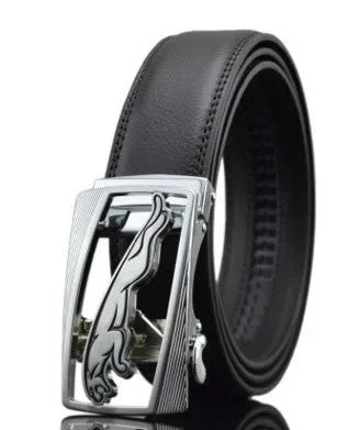 Men's automatic buckle leather belt in cowhide with leopard pattern and gold buckle.