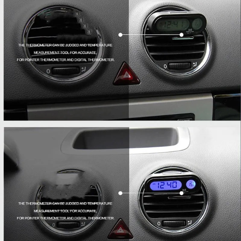 Black electronic car clock thermometer with digital LED display showing time and temperature, featuring an adjustable base.