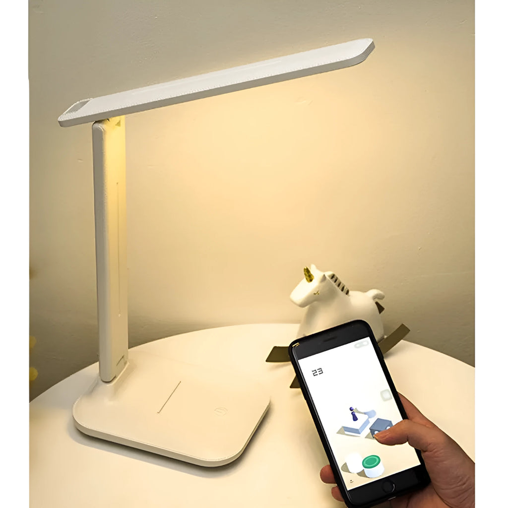 White USB rechargeable bedside lamp with touch dimming controls for children's bedrooms