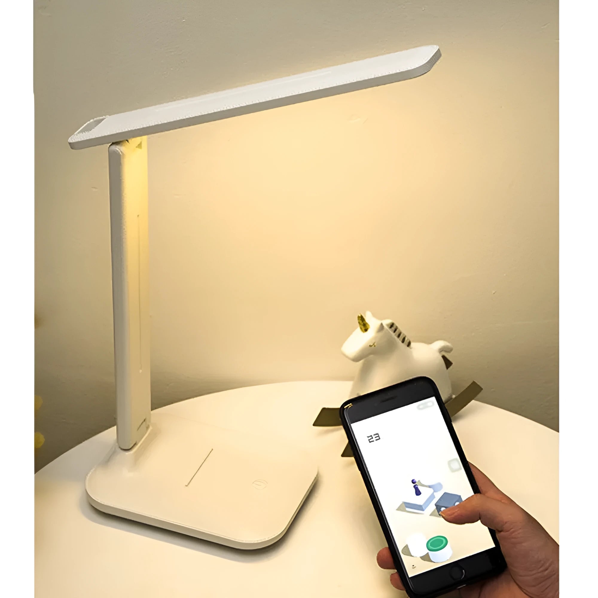 White USB rechargeable bedside lamp with touch dimming controls for children's bedrooms