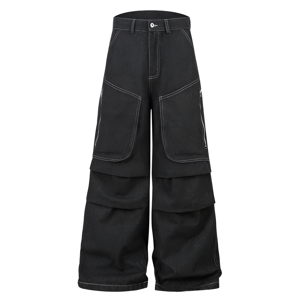 Black multi-pocket pleated workwear jeans in cotton denim with zip fly and mid waist design