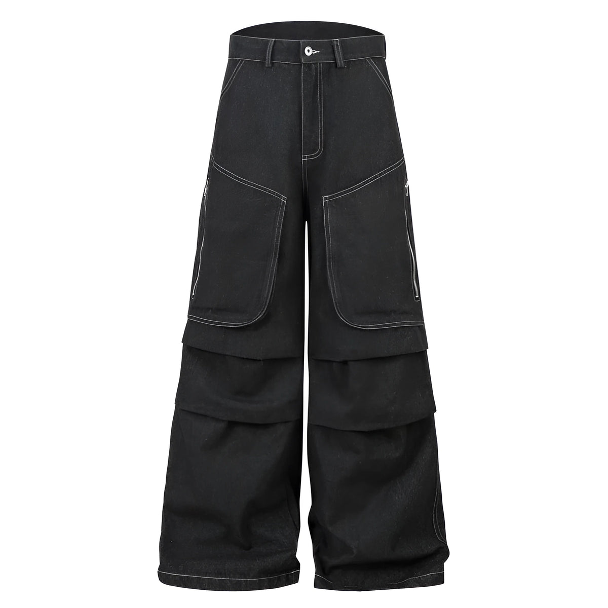 Black multi-pocket pleated workwear jeans in cotton denim with zip fly and mid waist design