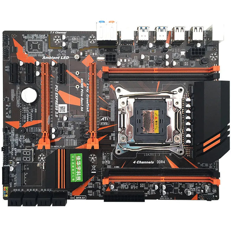 Black X99 chipset computer motherboard with LGA2011-3 CPU socket and four DDR4 memory slots.