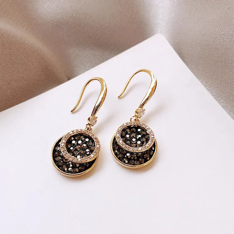 Black geometric drop earrings with round piece design, 3.6cm length, retro Hong Kong style