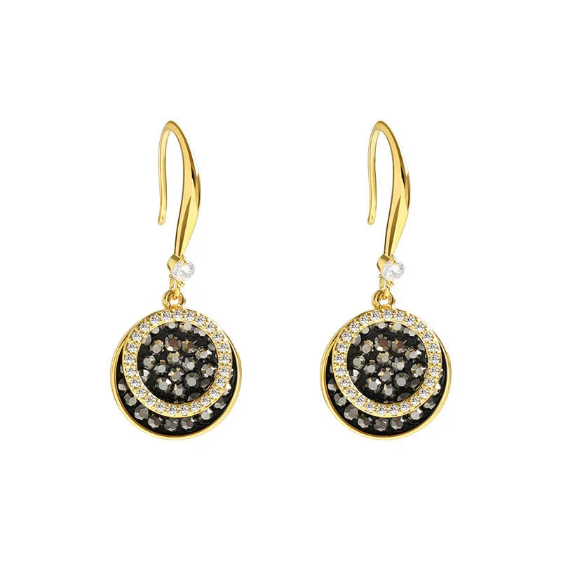 Black geometric drop earrings with round piece design, 3.6cm length, retro Hong Kong style