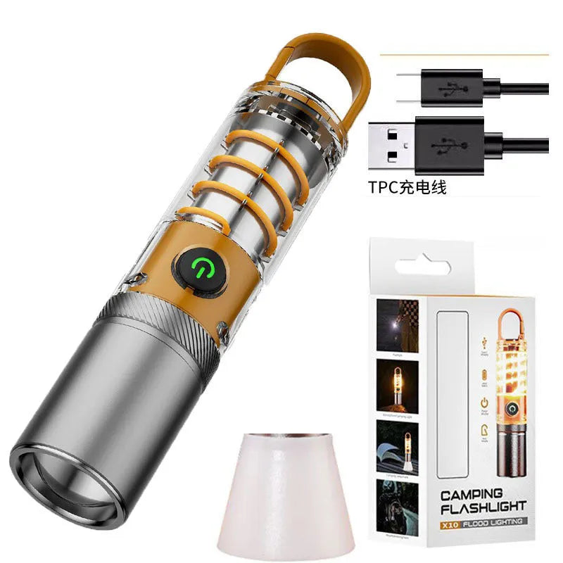 Orange 10W dual-light flashlight with optical zoom and keychain attachment