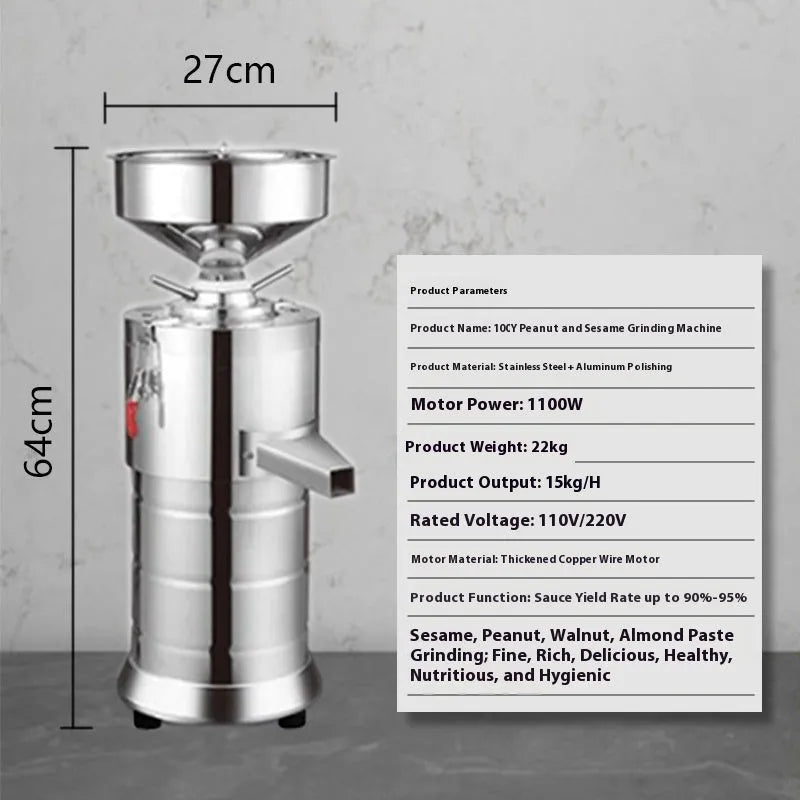 Electric sesame paste grinding machine with stainless steel construction and 100mm grinding wheel