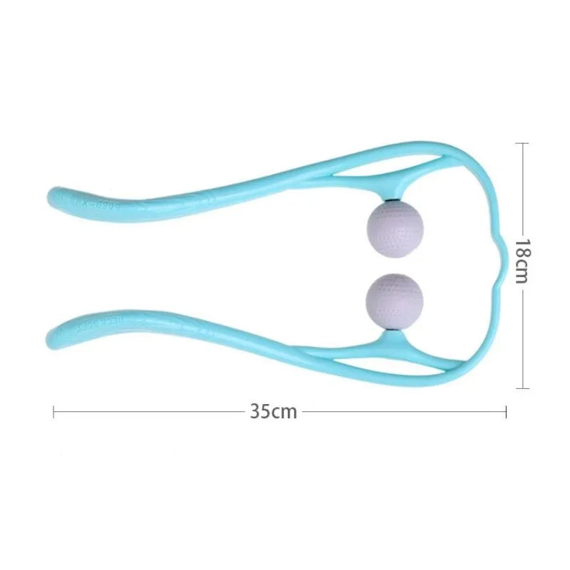 Plastic hand-held neck and shoulder massage roller in blue, with adjustable stand and 3D floating-point massage head.