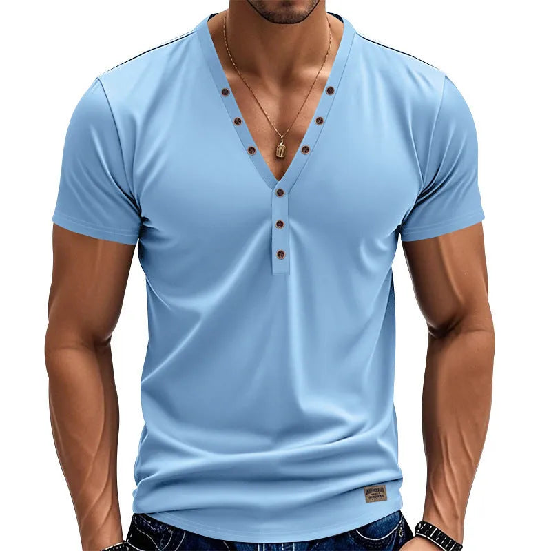 Men's loose thin V-neck button pullover top in light blue, shown in a casual setting.