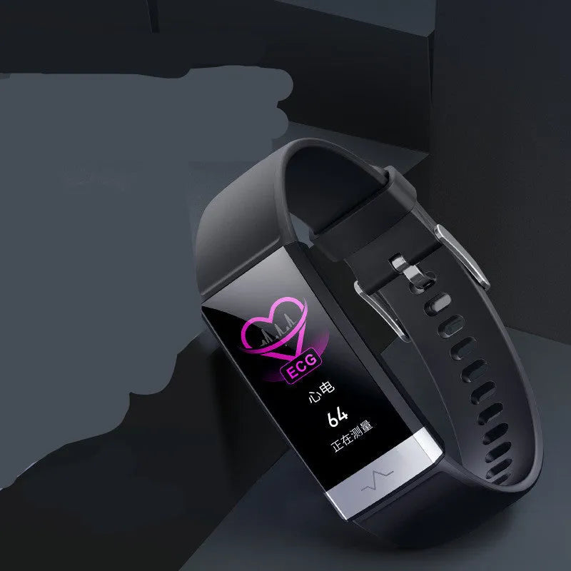 V19 smart fitness bracelet with colour screen on a black TPU strap, showing health metrics display.