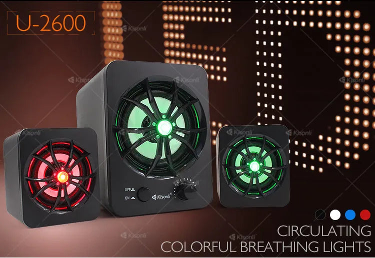 Green illuminated 2.1 USB computer speaker with colourful LED lights and connection cable