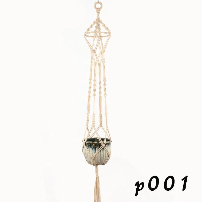 Woven wire rope plant holder with cotton rope in desktop, wall, and hanging styles.