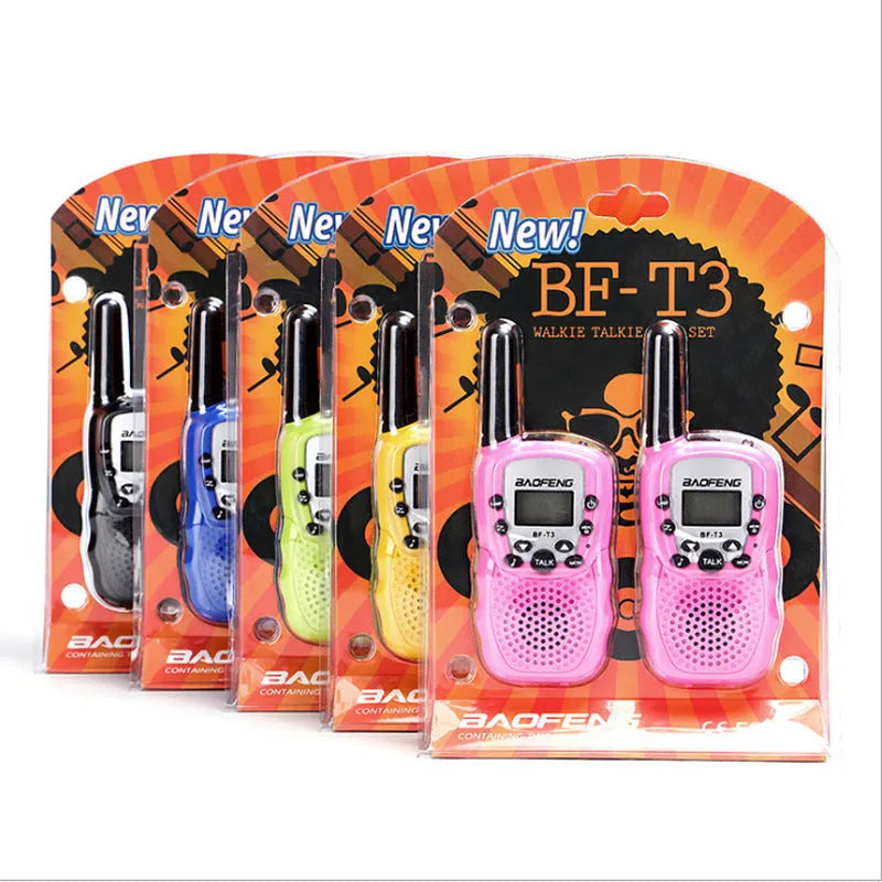 Children's walkie talkie set in various colours showing handheld design with antenna and channel selector