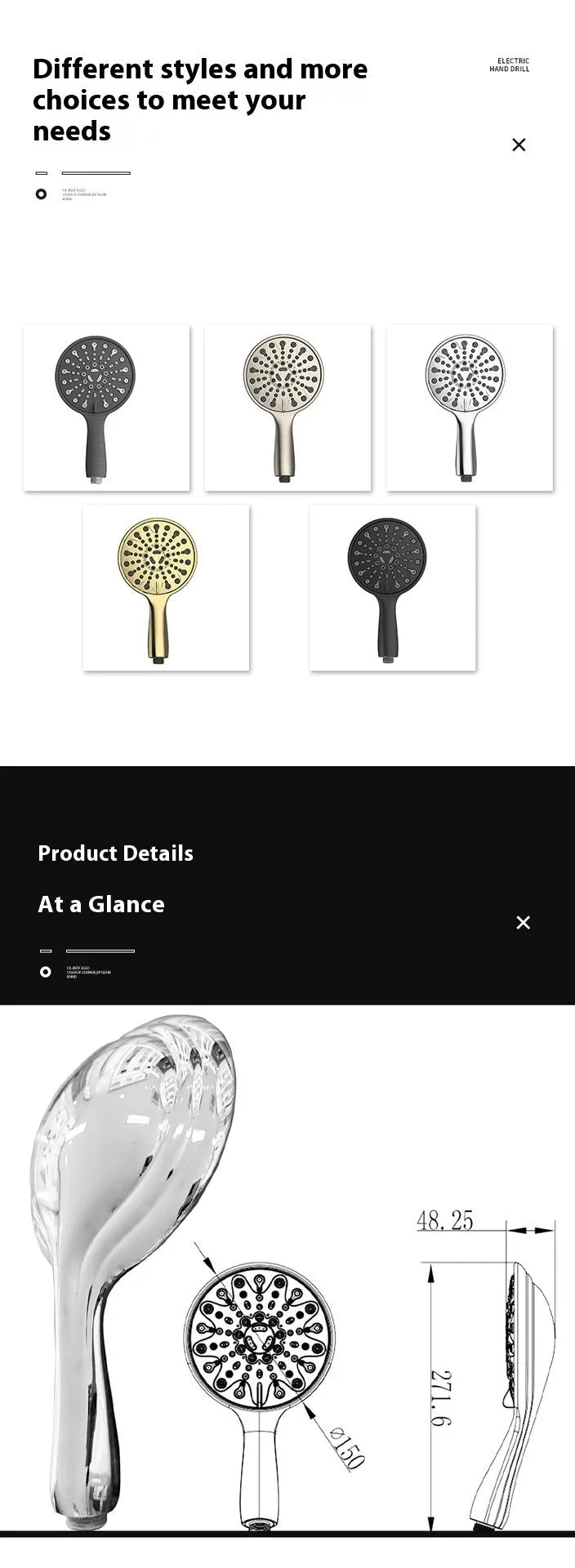 Six-function handheld shower head with electroplated finish showing massage, bubble, and rain mode settings