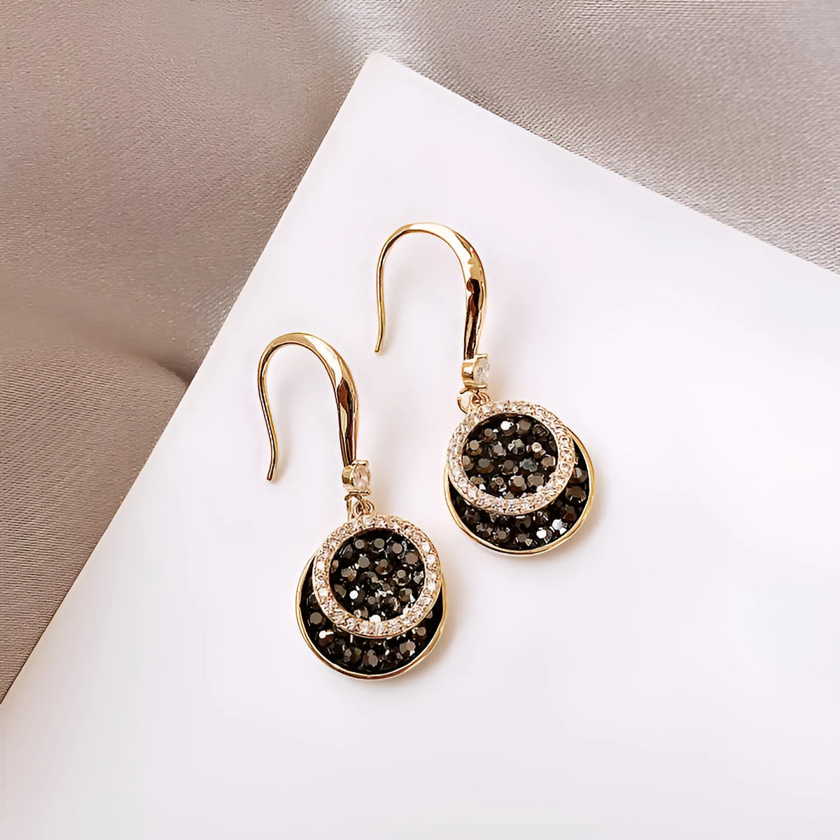 Black geometric drop earrings with round piece design, 3.6cm length, retro Hong Kong style