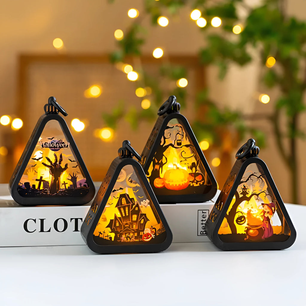 Portable Halloween pumpkin lamp decoration measuring 8.9cm with four colour designs