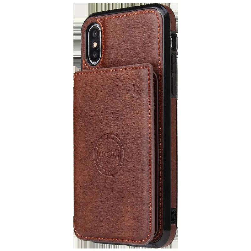 Imitation leather card wallet phone case for iPhone in multiple colour options showing card storage and back cover design