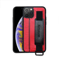 Brown imitation leather iPhone case with wrist strap showing striped pattern and decorative stitching