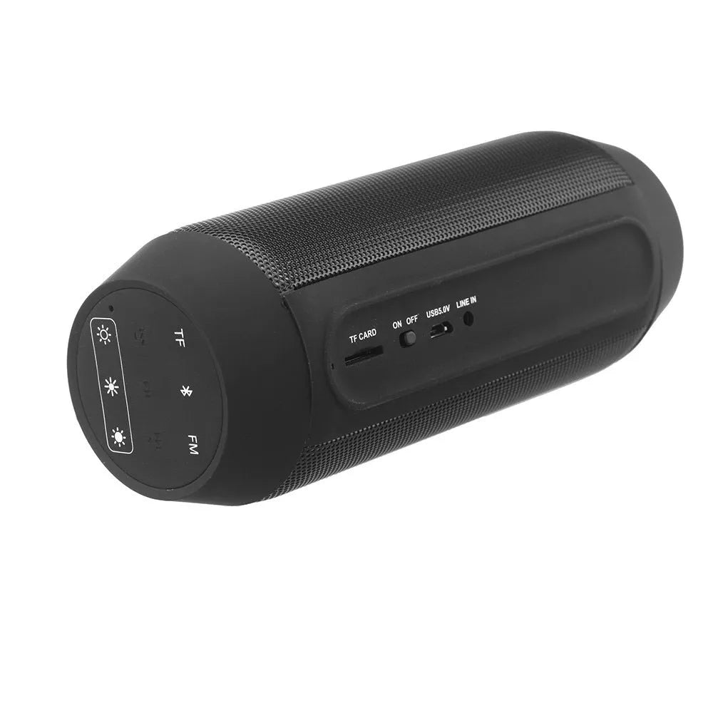 Mini black or white Bluetooth stereo speaker with colourful LED lights showing 360° sound design