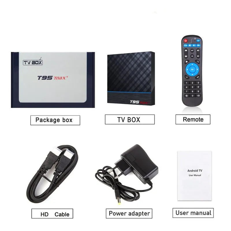 Black T95 Max Plus Android TV box with Amlogic S905X3 chip, showing rear ports and remote.