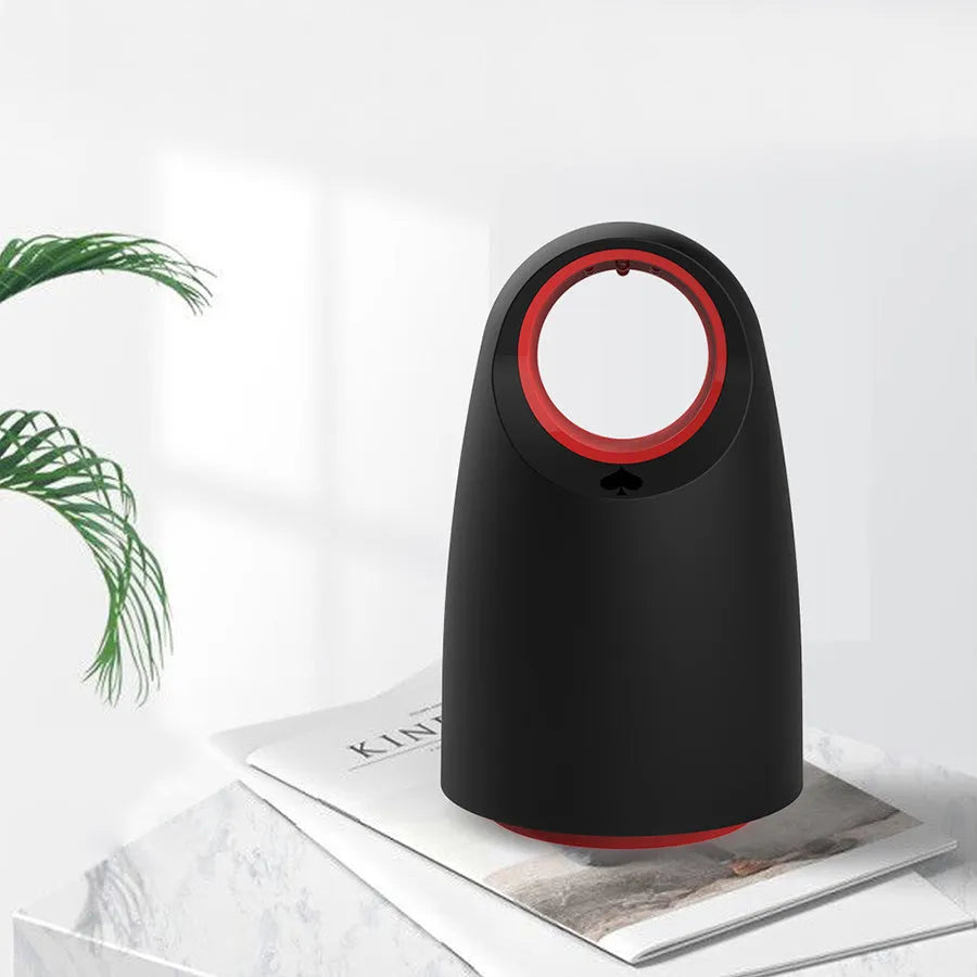 Black or white silent UV mosquito killer on a table with USB cable, dimensions 12x12x21.5cm.