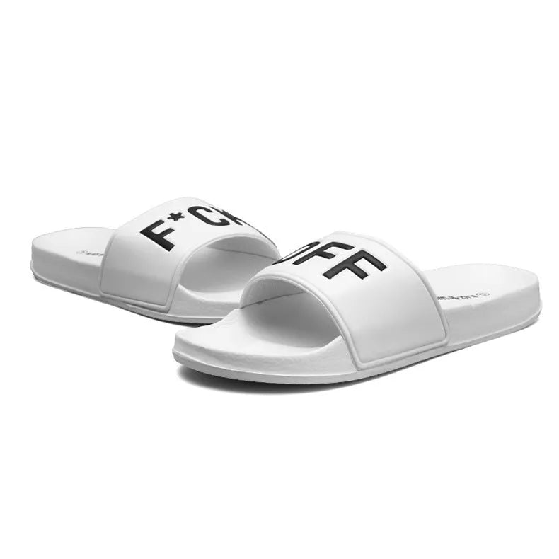Men's large size open toe personalised slippers with rubber sole in black and white colours
