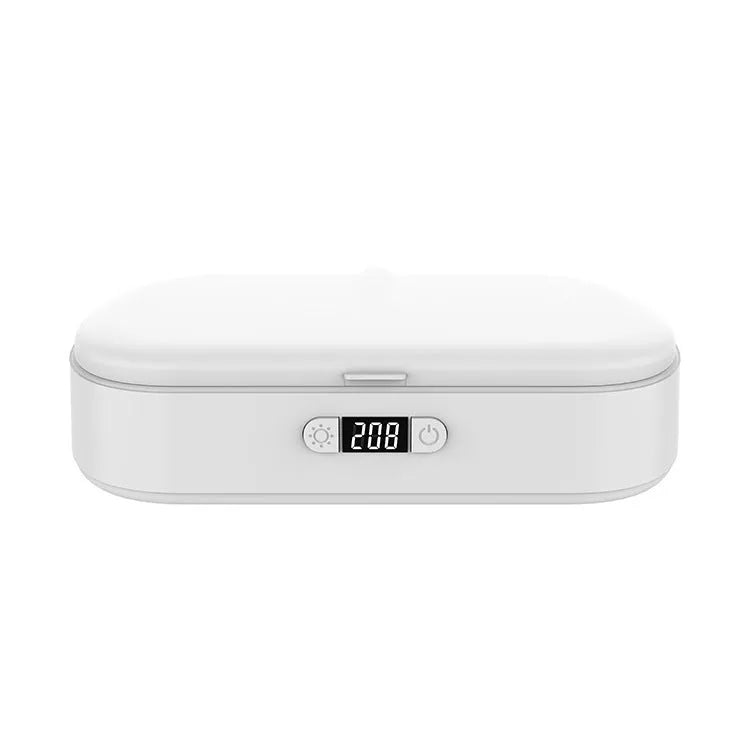 White ABS plastic UV steriliser box with wireless charging for phones and jewellery.