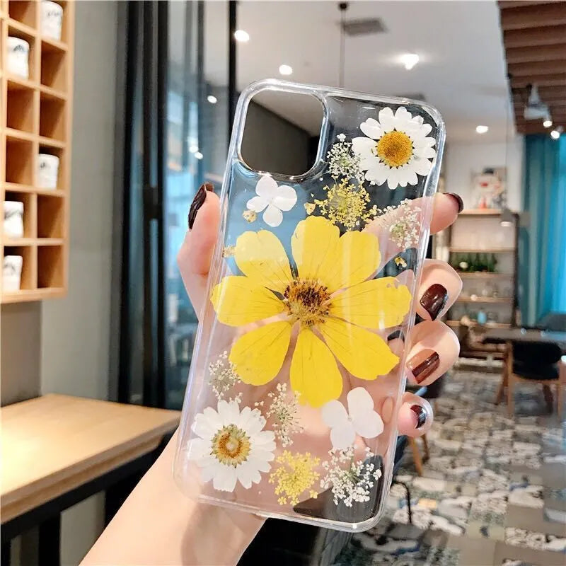Floral TPU phone case with large pink or yellow flower pattern for iPhone models
