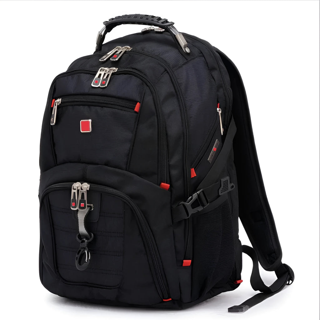 Black business computer backpack open to show three compartments and laptop sleeve