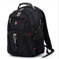Black business computer backpack open to show three compartments and laptop sleeve