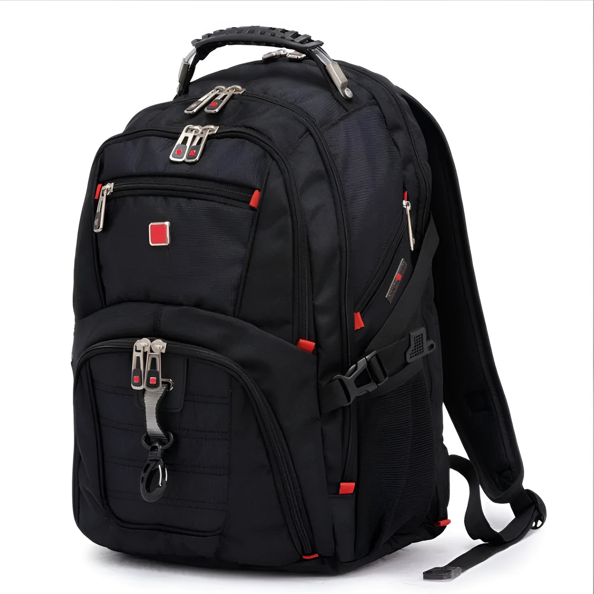 Black business computer backpack open to show three compartments and laptop sleeve