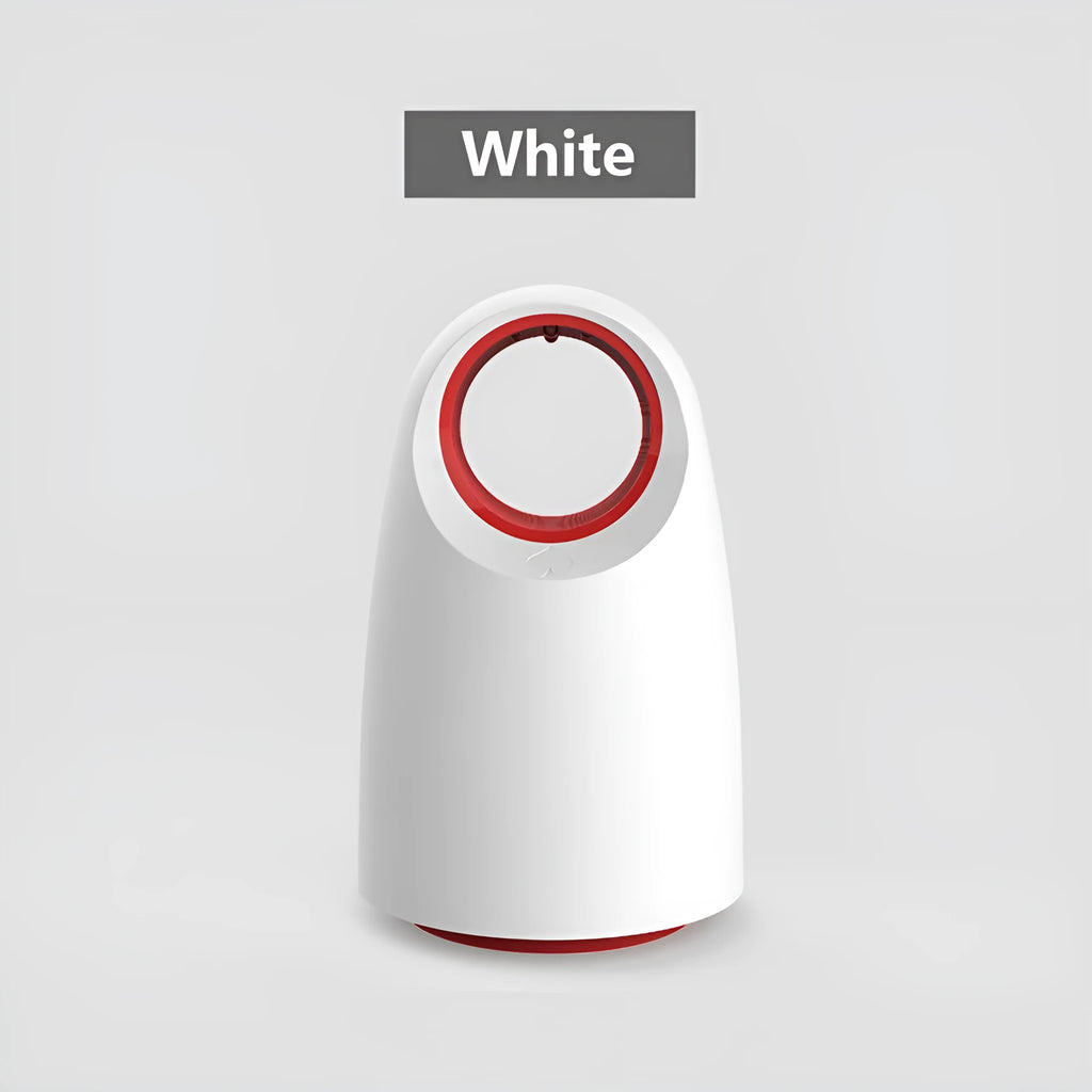 Black or white silent UV mosquito killer on a table with USB cable, dimensions 12x12x21.5cm.