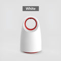 Black or white silent UV mosquito killer on a table with USB cable, dimensions 12x12x21.5cm.