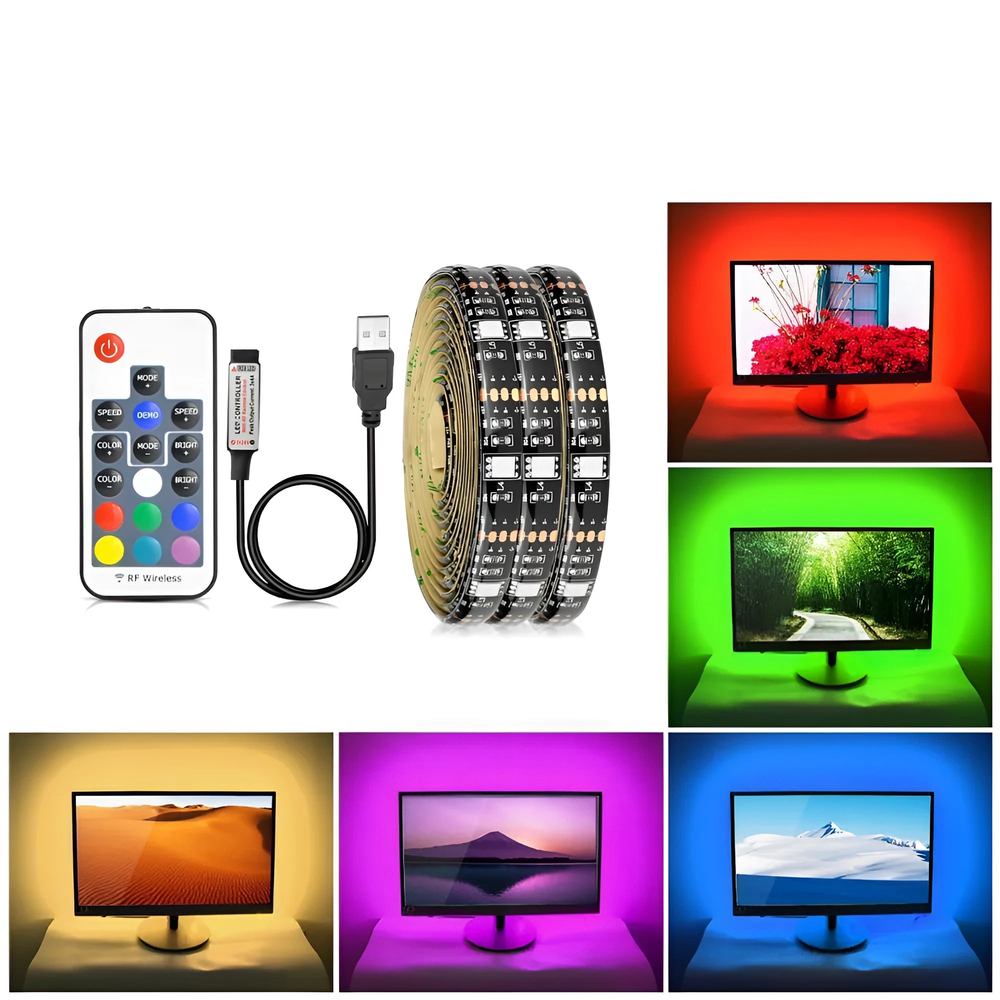 Flexible LED decorative light strip bent into a curve, showing closely spaced lights and adhesive backing.
