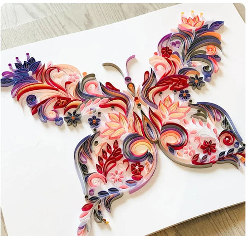 20 inch blue and pink butterfly quilling papercraft illustration pack with glue, scissors, awl, and tweezers