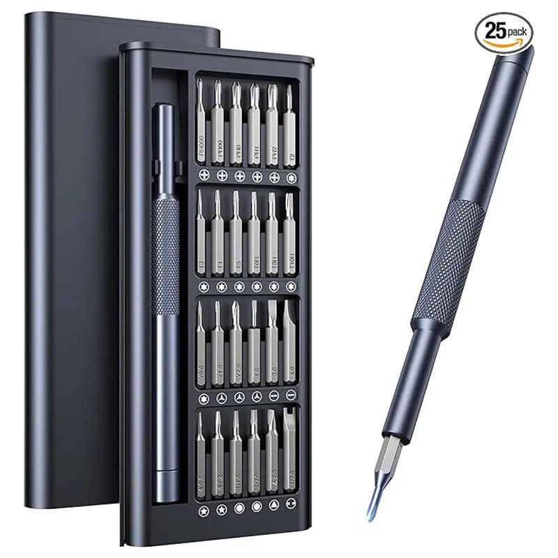 25-in-one magnetic precision screwdriver set with chrome vanadium steel shaft and black ABS handle.